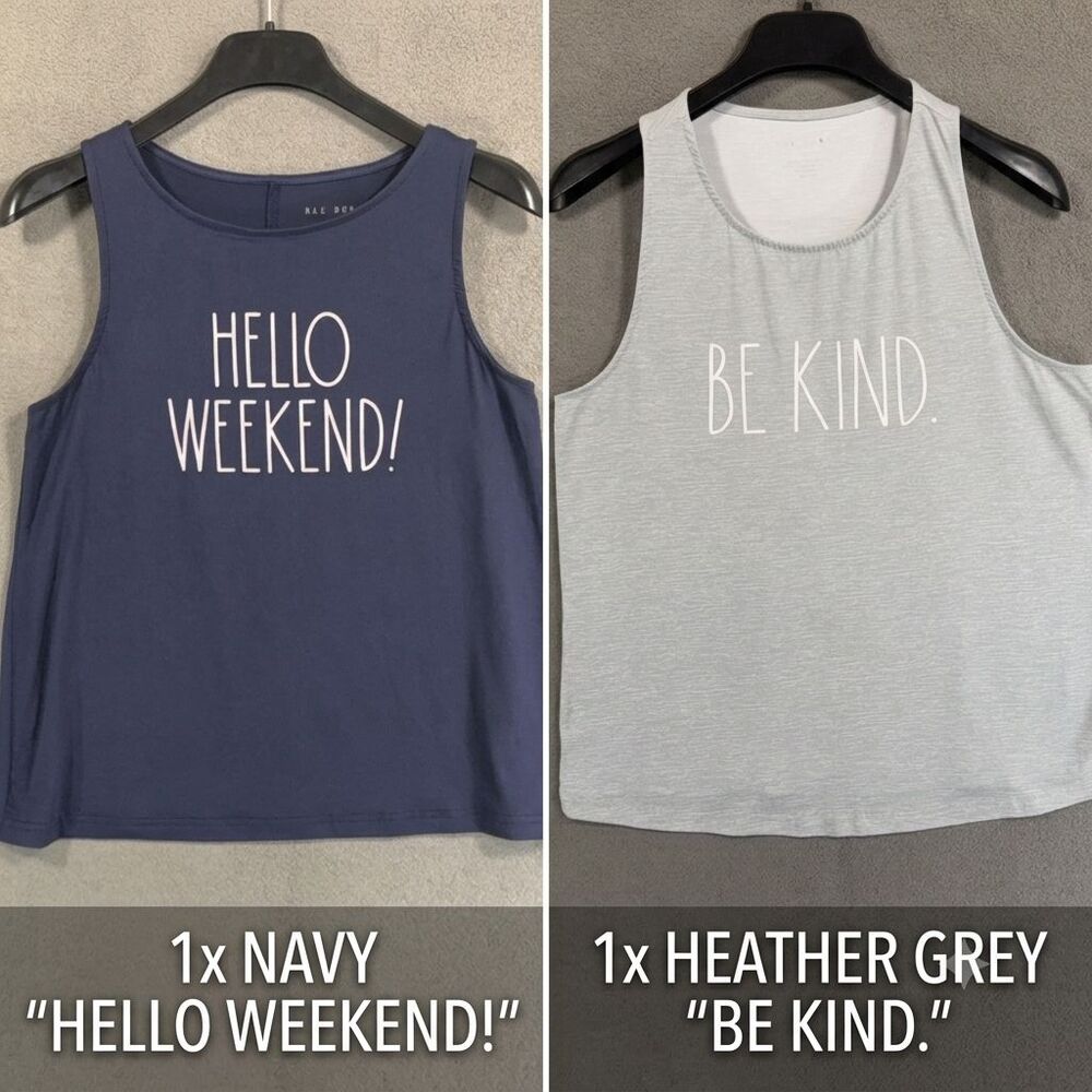 Rae Dunn Tank Top Lot of 2 Size M Blue Hello Weekend Gray Be Kind Sleep Shirts